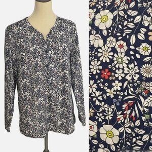 Liberty Art Fabrics Blouse Women Large Blue Floral Long Sleeve Button Up V-Neck
